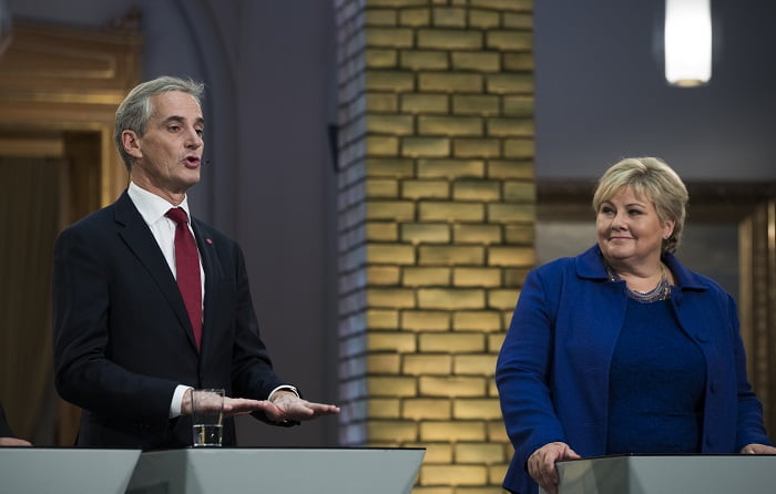 Les chefs de parti Erna Solberg (H) et Jonas Gahr Støre (AP)