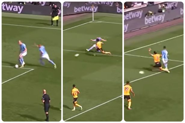 Le troisième but de City contre les Wolves a vu De Bruyne nourrir Haaland, qui attendait le chevauchement, pour que De Bruyne passe à Foden au centre.